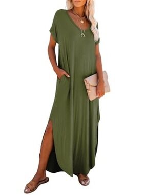 Green Maxi Dress V Neck Cap Sleeve Pockets